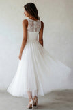 Robe de fiançailles blanche à col rond A Line en tulle en dentelle