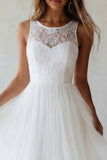 Robe de fiançailles blanche à col rond A Line en tulle en dentelle