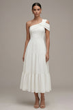 Robe de fiançailles Midi blanche à une épaule à volants A