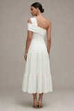 Robe de fiançailles Midi blanche à une épaule à volants A