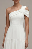 Robe de fiançailles Midi blanche à une épaule à volants A
