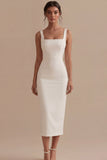 Robe de fiançailles Midi à col carré blanc en satin