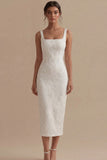 Robe de fiançailles Jacquard à col carré blanc à fourreau
