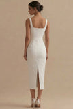Robe de fiançailles Jacquard à col carré blanc à fourreau