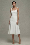 Robe de dîner midi à satin en satin à col carré blanche A Line