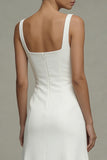 Robe de dîner midi à satin en satin à col carré blanche A Line