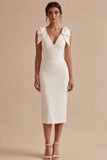 Robe de fiançailles Midi blanche en satin à col en V avec nœuds