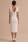 Robe de fiançailles Midi blanche en satin à col en V avec nœuds