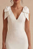 Robe de fiançailles Midi blanche en satin à col en V avec nœuds
