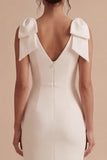 Robe de fiançailles Midi blanche en satin à col en V avec nœuds