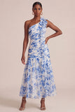 Robe de mariage de mariage à fleurs bleues à ligne A longue sur une épaule avec volants