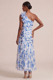 Robe de mariage de mariage à fleurs bleues à ligne A longue sur une épaule avec volants