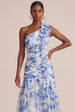 Robe de mariage de mariage à fleurs bleues à ligne A longue sur une épaule avec volants