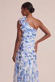 Robe de mariage de mariage à fleurs bleues à ligne A longue sur une épaule avec volants