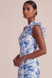 Robe de mariage de mariage à fleurs bleues à ligne A longue sur une épaule avec volants