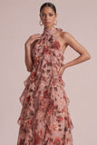 Longue robe de mariée de mariée à volants aux fleurs en rose poussiéreuse