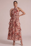 Longue robe de mariée de mariée à volants aux fleurs en rose poussiéreuse