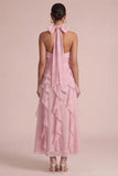 Longue robe de mariée de mariée à volants aux fleurs en rose poussiéreuse