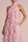 Longue robe de mariée de mariée à volants aux fleurs en rose poussiéreuse