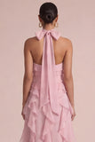 Longue robe de mariée de mariée à volants aux fleurs en rose poussiéreuse