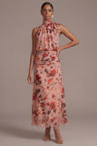 Rose poussiéreuse fleurie A Line Longue robe invitée de mariage avec nœud