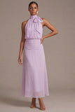 Rose poussiéreuse fleurie A Line Longue robe invitée de mariage avec nœud