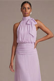 Rose poussiéreuse fleurie A Line Longue robe invitée de mariage avec nœud