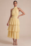 Robe longue d’invitée de mariage à volants jaunes à volants A Line, longue robe d’invité avec un nœud