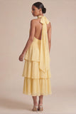 Robe longue d’invitée de mariage à volants jaunes à volants A Line, longue robe d’invité avec un nœud