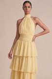 Robe longue d’invitée de mariage à volants jaunes à volants A Line, longue robe d’invité avec un nœud