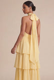 Robe longue d’invitée de mariage à volants jaunes à volants A Line, longue robe d’invité avec un nœud