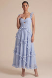 Robe de mariage midi découpée à volants bleu clair