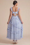 Robe de mariage midi découpée à volants bleu clair