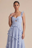 Robe de mariage midi découpée à volants bleu clair