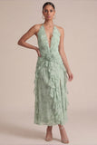 Robe de mariage Midi à volants imprimée Sage Halter avec fleurs 3D