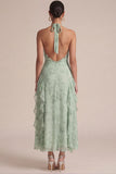 Robe de mariage Midi à volants imprimée Sage Halter avec fleurs 3D