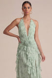 Robe de mariage Midi à volants imprimée Sage Halter avec fleurs 3D