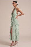 Robe de mariage Midi à volants imprimée Sage Halter avec fleurs 3D