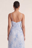 Robe d'invitée de mariage bleu clair à bretelles fines plissée imprimé floral