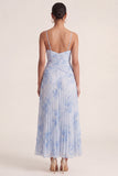 Robe d'invitée de mariage bleu clair à bretelles fines plissée imprimé floral