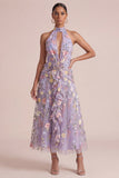 Dos nź lilas appliqué A Line, robe midi à volants avec fleurs 3D