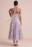 Dos nź lilas appliqué A Line, robe midi à volants avec fleurs 3D