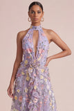 Dos nź lilas appliqué A Line, robe midi à volants avec fleurs 3D