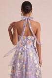 Dos nź lilas appliqué A Line, robe midi à volants avec fleurs 3D
