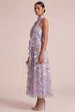 Dos nź lilas appliqué A Line, robe midi à volants avec fleurs 3D