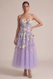 Robe de mariage midi en corset lilas sans bretelles lilas A Line