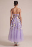 Robe de mariage midi en corset lilas sans bretelles lilas A Line