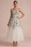 Robe Midi à col carré corset fleural blanc à col carré