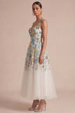 Robe Midi à col carré corset fleural blanc à col carré
