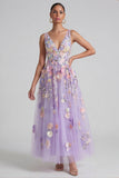 Robe midi fleurie à col en V appliqué lilas